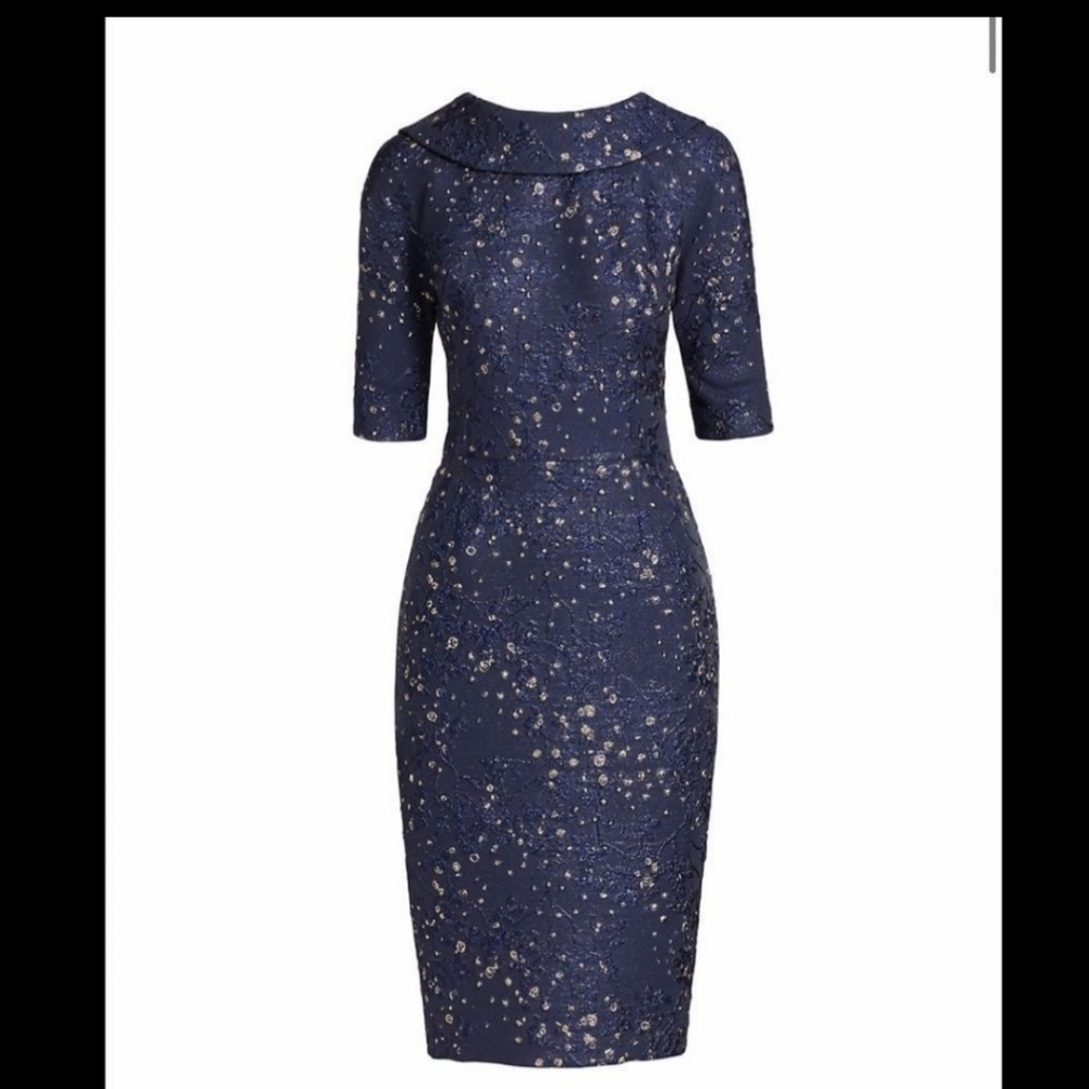 Rickie Freeman for Teri Jon Navy and Gold Midi Dress